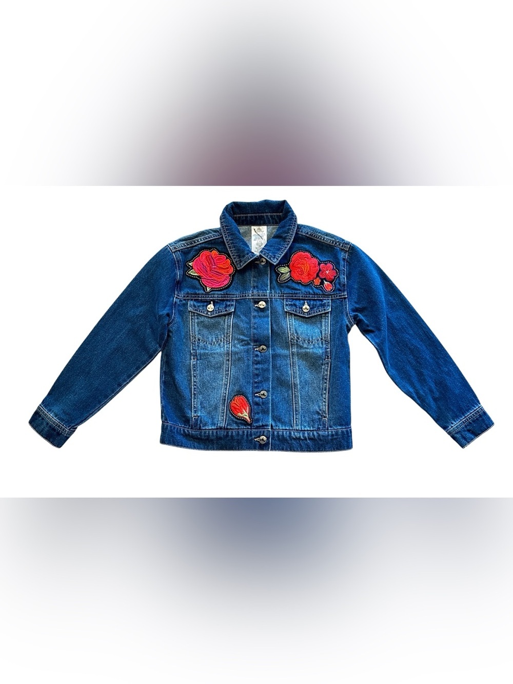 Disney ily 4EVER Girls Floral Patch Denim Jacket Blue Organic Cotton Size 7/8